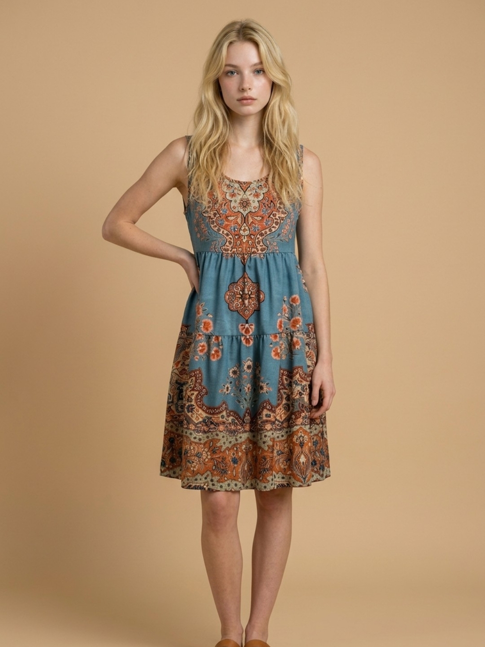 SHEIN Teal and Rust Paisley Tiered Sleeveless Dress